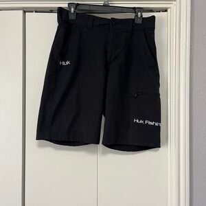 Huk Fishing Mens Black Performance Tech Shorts Size M Cargo Pockets Zip Pocket